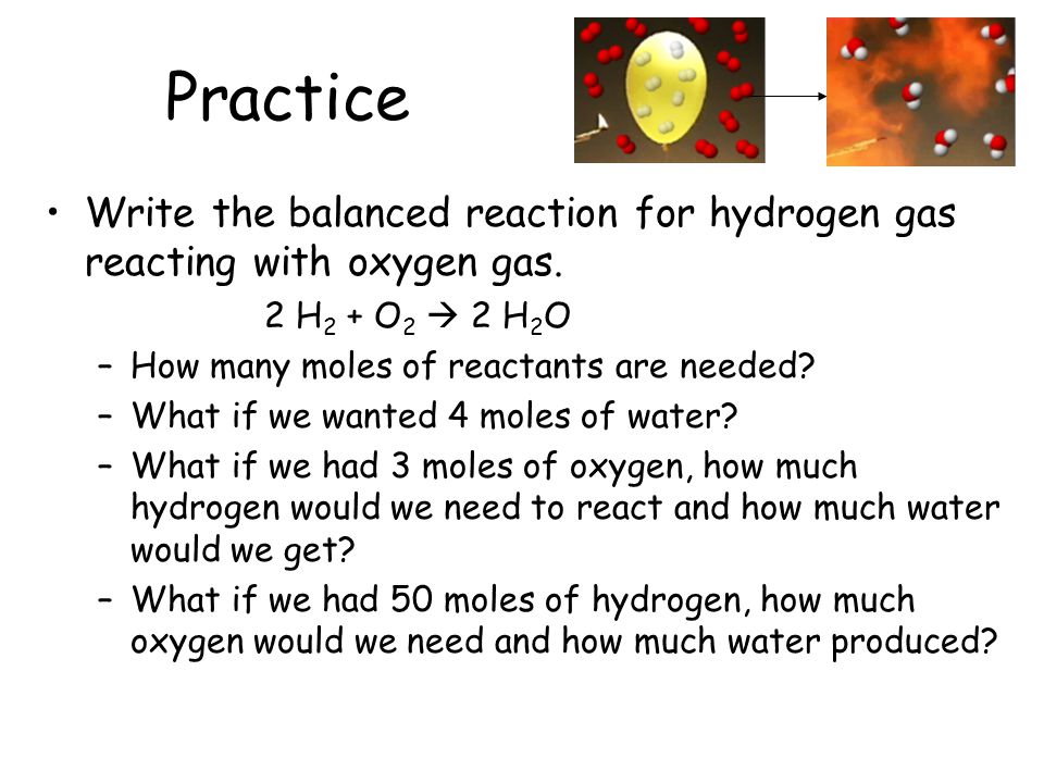 Write a balanced equation for the synthesis of water from hydrogen and oxygen